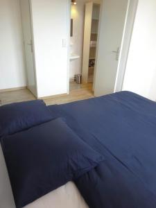 - un grand lit bleu dans une chambre avec couloir dans l'établissement Appartement Lisa, à Lézignan-Corbières