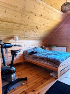 a bedroom with a bed in a wooden cabin at Mazurski wypoczynek in Pilchy