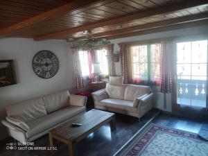 Haldi Apartment في Klosters Serneus: غرفة معيشة مع كنبتين وطاولة قهوة
