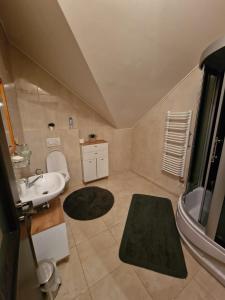 a bathroom with a sink and a toilet and a tub at Villa Florencia in Bardejov