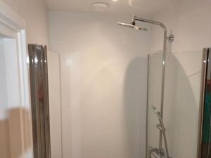 a bathroom with a shower with a glass door at House with garden in the center close to the sea and Amsterdam in Beverwijk