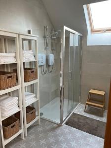 baño con cabina de ducha y taburete en Tom Rocky’s Farmyard, en Templemore