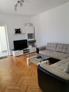 a living room with a couch and a tv at Family friendly apartments with a swimming pool Kneza, Korcula - 9130 in Račišće