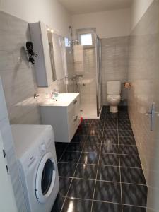 a bathroom with a washing machine and a toilet at Family friendly apartments with a swimming pool Kneza, Korcula - 9130 in Račišće