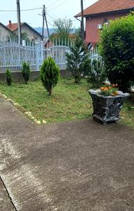 a pot of flowers sitting on the ground next to a fence at Serbian home Smederevo in Smederevo