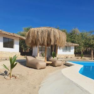 a resort with a straw hut and a swimming pool at Oasis de Vichayito in Vichayito