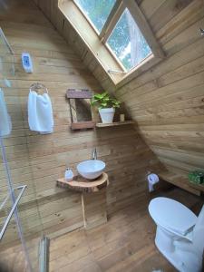 a bathroom with a toilet and a sink in a wooden wall at Glamping Villa Gilma in Sevilla