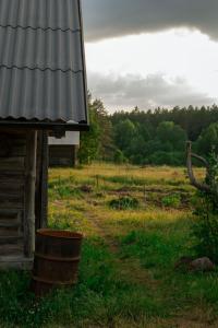 a barn in a grassy field with a barrel at Inn Kunai in Anykščiai