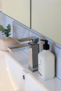 a sink with a bottle of soap and a mirror at Best of Central Christchurch 2 bed 2 bath in Christchurch