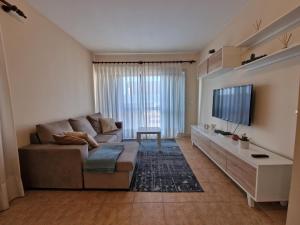 Il comprend un salon doté d'un canapé et d'une télévision à écran plat. dans l'établissement T3 com terraço a 500m da praia de Ofir, à Fão