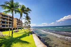uma praia com palmeiras e edifícios e o oceano em Paki Maui 123 em Kahana