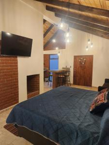 1 dormitorio con 1 cama grande y chimenea en Villa Onawa by Natut Huasca, en Huasca de Ocampo