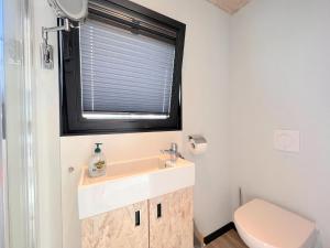uma casa de banho com um lavatório, um WC e uma janela. em Jopies Houseboat em Maasbommel