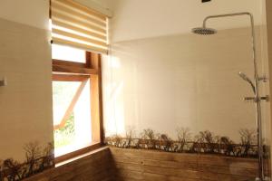 La salle de bains est pourvue d'une douche et d'une fenêtre. dans l'établissement Kandy Lotus House, à Kandy