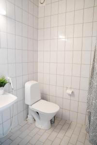 a white bathroom with a toilet and a sink at 2-Room City center, parking in Oulu