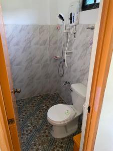 a bathroom with a toilet and a shower at Jeno Tourist Inn in San Vicente