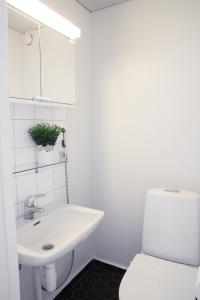 a white bathroom with a sink and a toilet at 3-Room Central Railway station in Oulu