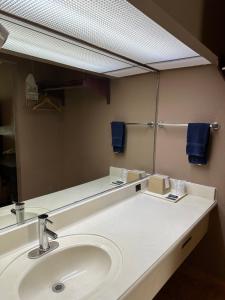 a bathroom with a sink and a large mirror at Lone Star Inn & Suites in Harlingen