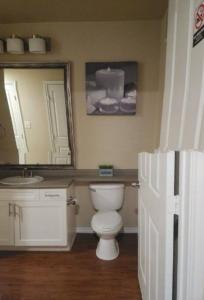 a bathroom with a toilet and a sink and a mirror at LUX COMFORT in Arlington