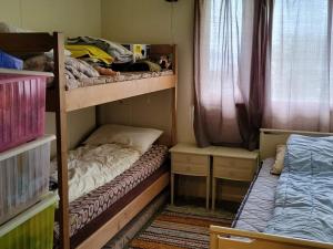 1 dormitorio con 2 literas y ventana en Holiday home Reinfjord, en Spildra