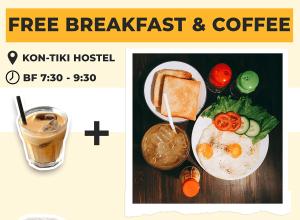 a plate of breakfast food and a glass of coffee at Kon-Tiki DaNang Hostel in Da Nang
