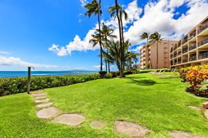 a grassy area with palm trees and a building at Maalaea Banyans 314 in Wailuku