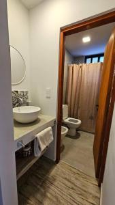 a bathroom with a sink and a toilet and a mirror at Cabaña La escondida - JuJuy- in San Salvador de Jujuy