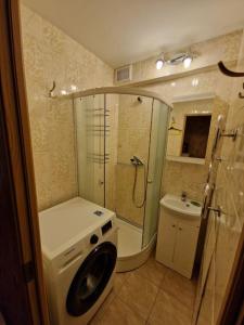 a bathroom with a washing machine and a sink at Erdvus 2 kambarių butas in Palanga