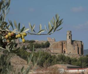 un viejo edificio en la cima de una colina con un árbol en Loft Castelló, en Castelló de Farfaña