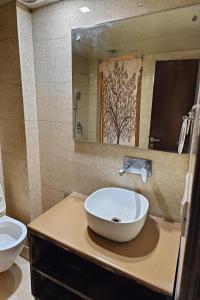 uma casa de banho com um lavatório e um espelho em Hotel Gauranga em Nova Deli