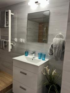 a bathroom with a white sink and a mirror at Piękna Góra in Giżycko