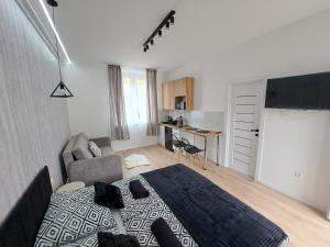 a bedroom with a bed and a couch and a desk at Belvárosi Lux Apartman in Vásárosnamény