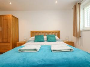 a large blue bed with two green pillows on it at Rock Pool in Downderry