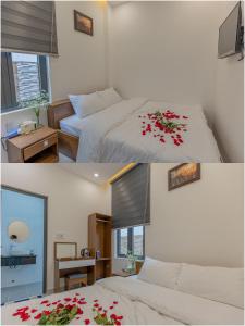 two pictures of a bedroom with two beds at Happy Home Da Lat in Da Thanh