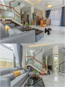 uma sala de estar com um sofá e uma escada em Happy Home Da Lat em Da Thanh