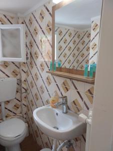 a bathroom with a sink and a toilet and a mirror at Spyros Studio in Paleo Tsifliki
