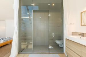 バダチョニトマイにあるBazalt Apartmanのバスルーム(ガラス張りのシャワー、洗面台、トイレ付)