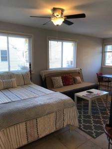 a bedroom with two beds and a couch and a ceiling fan at Walk2Metro's,DCGem,Private,Wifi, FreeParking in Arlington