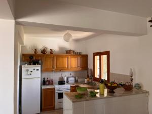 a kitchen with a white refrigerator and wooden cabinets at Tranquility Mountain & Sea View Koudoura House in Trápeza