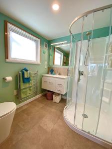 a bathroom with a shower and a sink at Ah House City B&B Nelson in Nelson