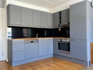 una cucina con armadietti bianchi ed elettrodomestici blu di City center flat w roof top terrace & free parking a Oslo