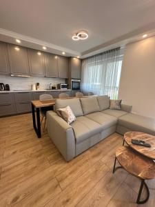 a living room with a couch and a kitchen at Ravėlino Apartment in Klaipėda