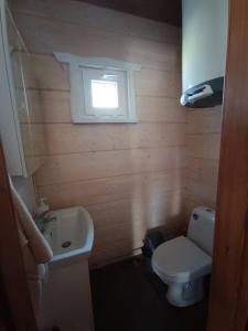 a small bathroom with a toilet and a sink at Arimaičių kaimo sodyba 