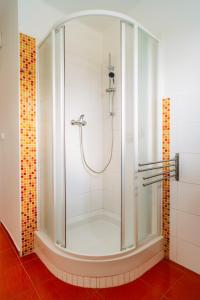 W łazience znajduje się prysznic ze szklanymi drzwiami. w obiekcie Apartmány Špička - Stříbrnice u sjezdovky w mieście Staré Město
