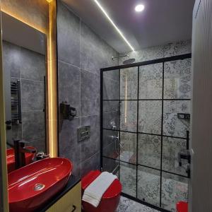 a bathroom with a red sink and a shower at Romantic sunflower #21 in Istanbul