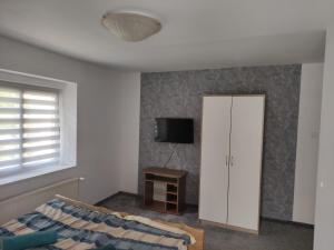 ein Schlafzimmer mit einem Bett, einem Schrank und einem TV in der Unterkunft Leśnik in Karpacz