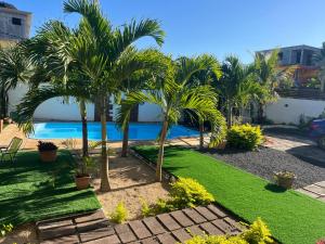un patio con palmeras y una piscina en Le Binome, en Grand Baie