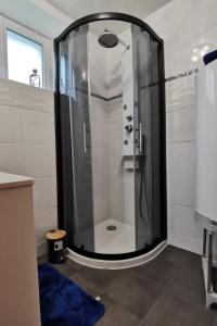 een douche met een glazen deur in de badkamer bij Ti va zud kozh in La Feuillée