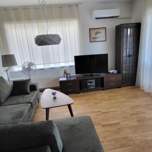 uma sala de estar com um sofá e uma televisão de ecrã plano em Kastani Home em Tartu