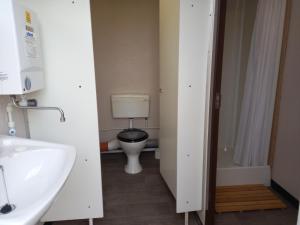 a bathroom with a toilet and a sink at Pen y Buarth Pod - Caravan Site in Caernarfon